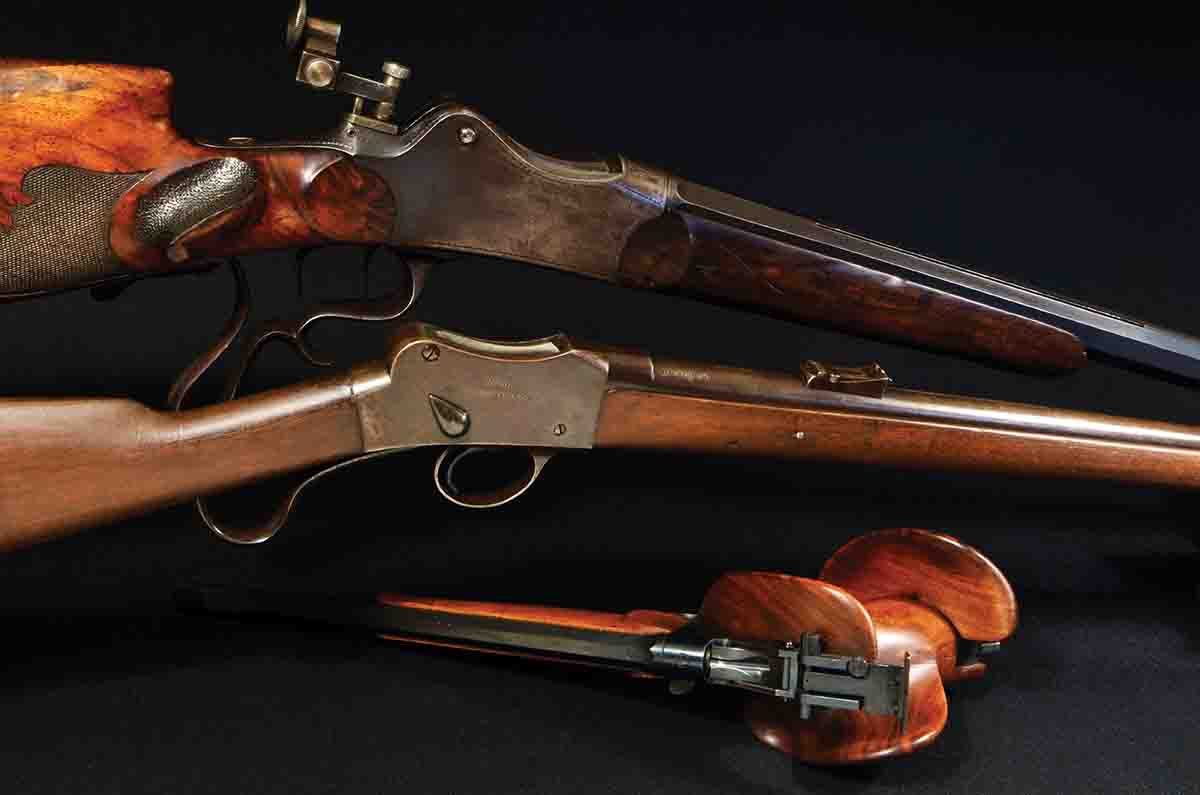 Shown (top to bottom): is a German Schützen rifle (circa 1885) based on the Martini action, an Australian cadet rifle by Westley Richards (originally .310 Cadet) converted to .32-40 and a Hammerli .22 Long Rifle free pistol made in Switzerland. The Peabody-Martini action found lasting favor everywhere but in America, its native land.